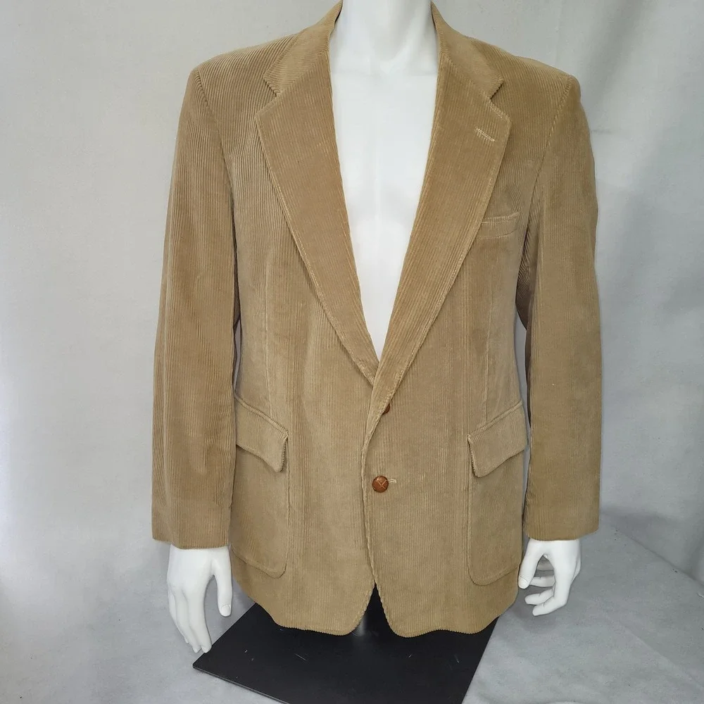 Vintage Mens Corduroy Blazer Camel‎ Sport Coat 44R Brown Elbow Patches Burdines